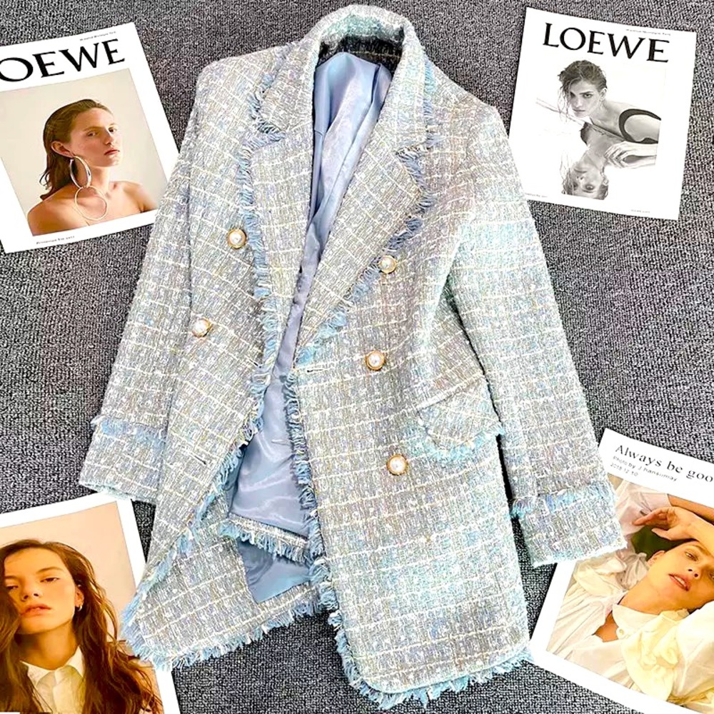 Blue Tweed Blazers For Women Elegant Stylish Fringed Pearl Buttona